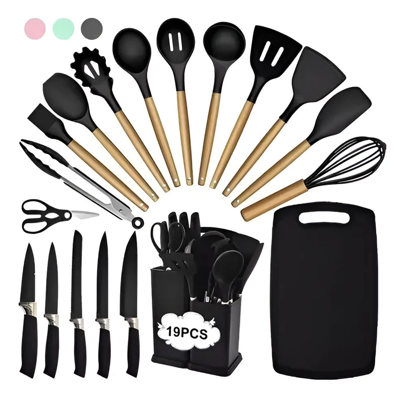 Set De Utensilios De Cocina Silicona Cuchillos Y Tabla 19pcs Aleatorio