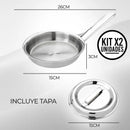 Set X2 Sartén Acero Quirúrgico 1810 Con Tapa Cocina Gourmet Plateado