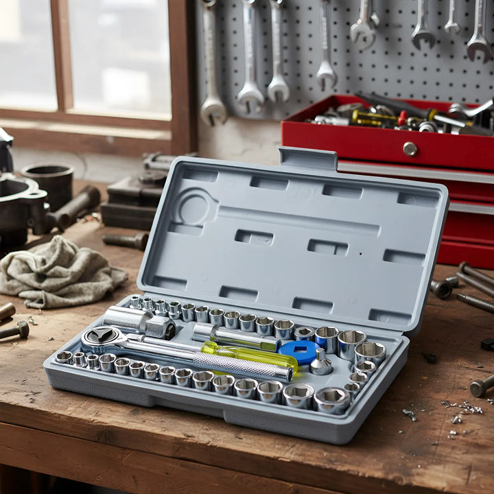 Taladro Atornillador Percutor Inalámbrico + Juego De Rache Amarillo