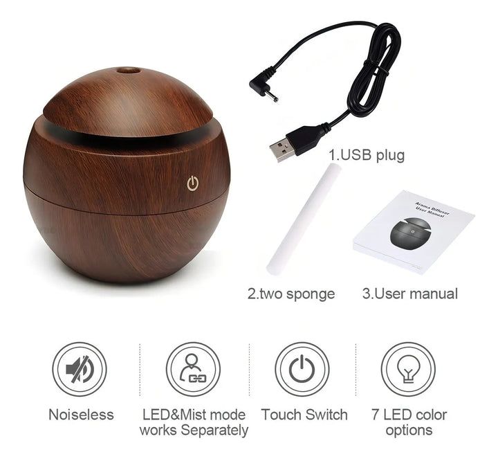 Difusor Aromas USB Humidifer 130ml Ultrasonico Madera Oscuro Esfera