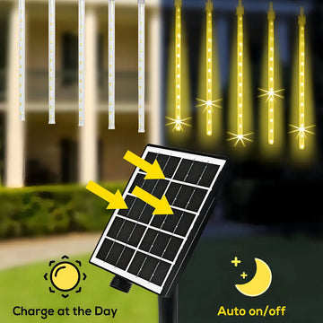 Luz Navideña Led Lluvia De Meteoro Panel Solar Luces Amarillo
