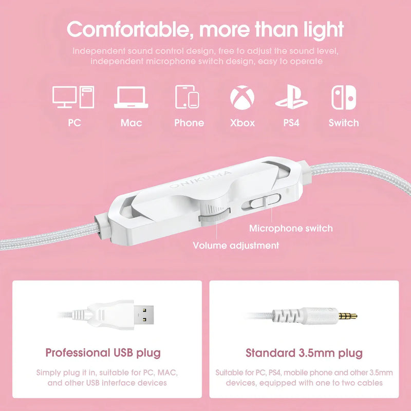 Audifonos Gamer Onikuma X10 Orejas Blancos Con Rosado Rgb Color Blanco
