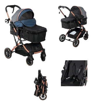 Coche Moisés Para Bebe Lujo 0 A 4 Años Ultra Liviano Color Negro - Azul Chasis Cobre
