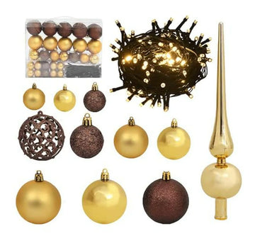 Set De 61 Bolas Navideñas Con Luces Led: Dorado Y Bronce