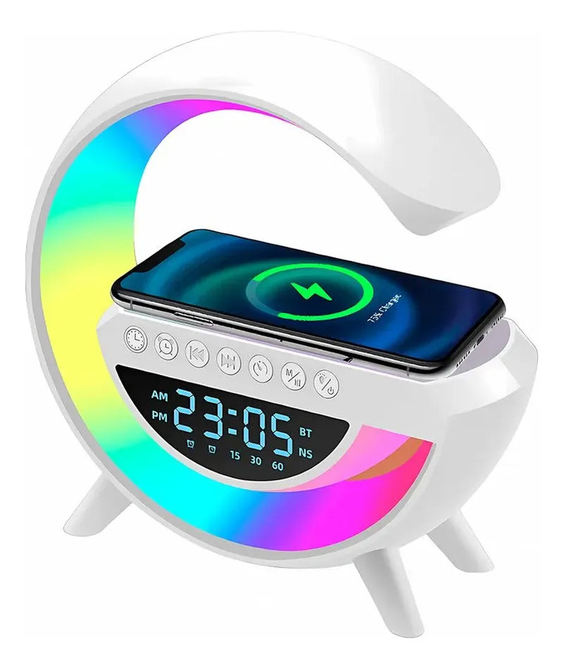 Parlante Lámpara G Cargador Inalámbrico Reloj Bluetooth Blanco