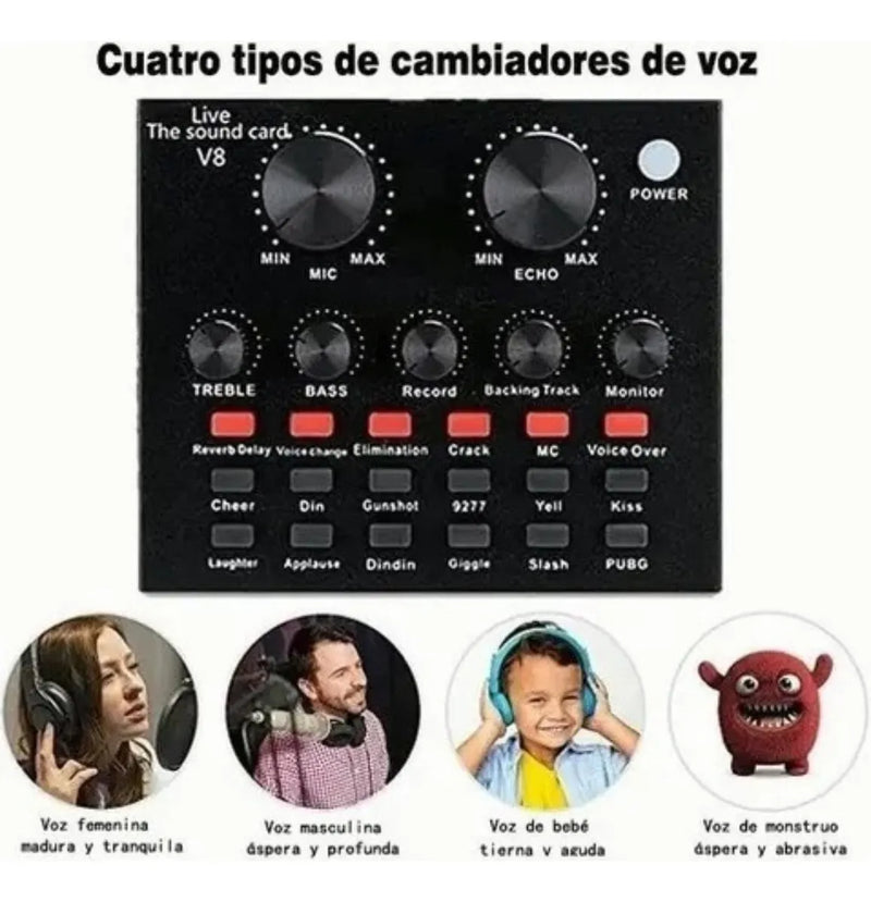 Micrófono Profesional Condensador+brazo+tarjeta Sonido V8 Dorado