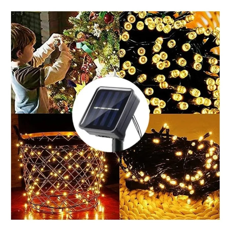 Luz Navideña Solar 100 Led 12mt Recargable Cálida Secuencias Cálido
