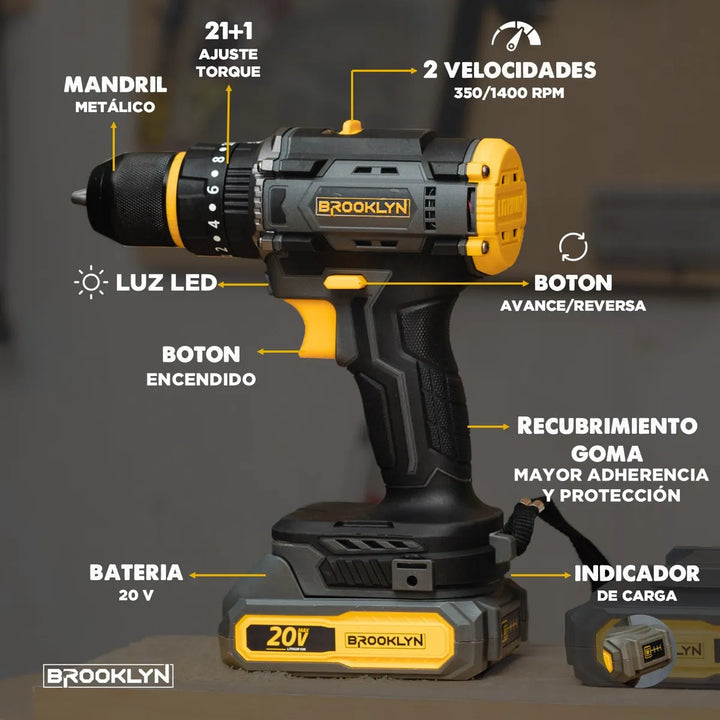 Taladro Brooklyn Inalambrico 50/60 Hz + 2 Baterias 20v Taladro Percutor