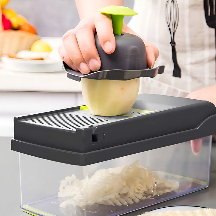 Cortador y rallador de verduras GIB Cleaningtool con mandolina, 12 en 1, con cuchillas, cesta y recipiente intercambiables