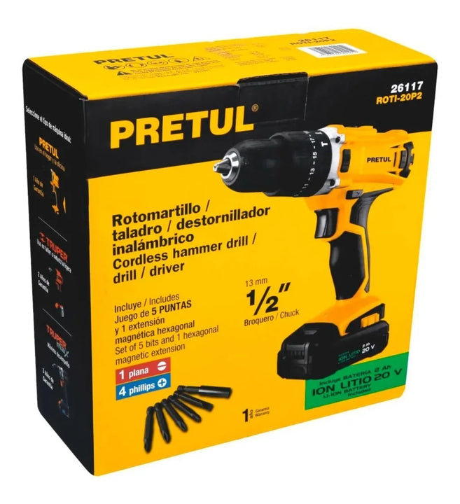 Taladro Inalámbrico Con Percutor 20v Mandril 1/2 Pretul Amarillo 60 Hz