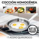 Set x2 Sartenes de Acero Quirúrgico 18/10 con Tapa, Cocina Gourmet Saludable, Alta Durabilidad, Antiadherente Natural sin Revestimientos, Apta para Todo Tipo de Estufas