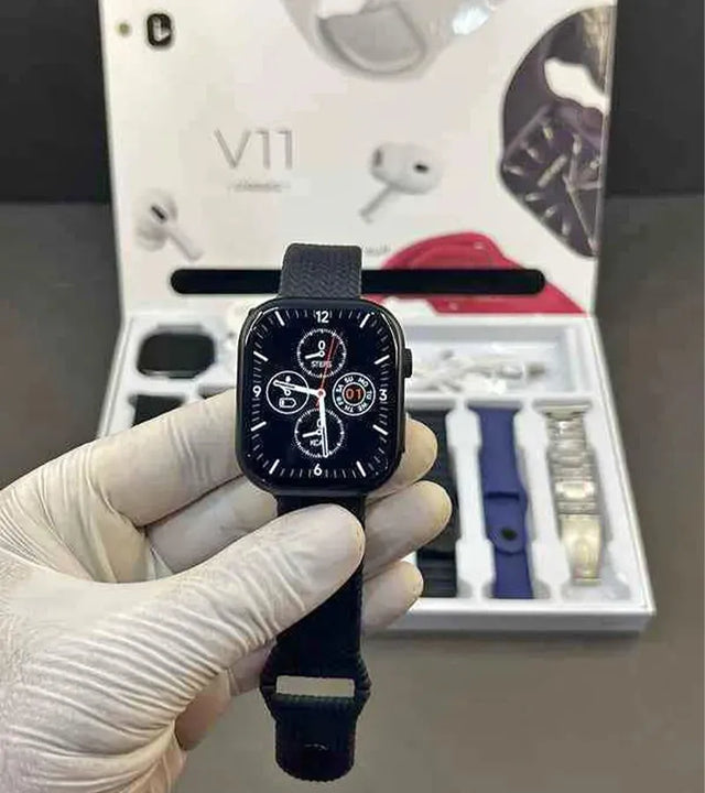 Combo Reloj Inteligente Audifonos Pulsos V11 Classic 10 En 1 Blanco Mesh Variado Variado