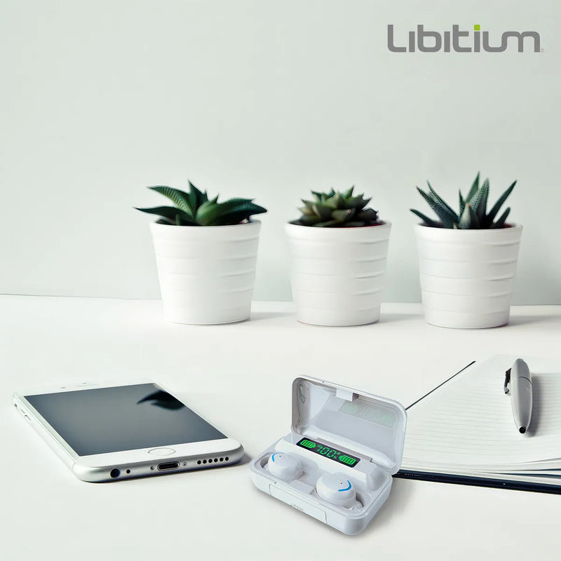Audífonos Inalámbricos Bluetooth Libitium AUDI-B Color Blanco/Azul con Estuche de Carga