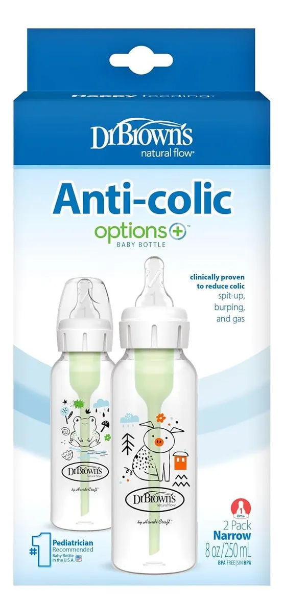 Set X2 Teteros 8 Onz Anticolico Dr Browns Boca Angosta Color Azul Animales