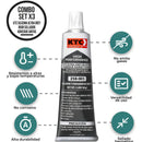 Set X3 Silicona RTV Ultra Grey 85Gr KTC, No Corrosivo, Resistente a 343°C, Ideal para Aplicaciones Mecánicas, Alta Durabilidad y Adhesión.