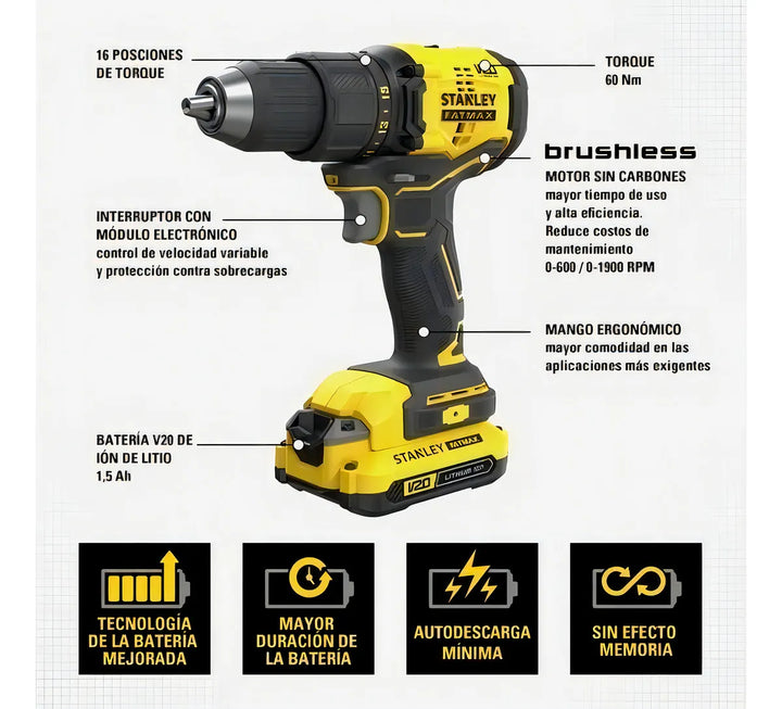 Taladro Percutor Inalámbrico 1/2 20v Stanley Sbd715c2k-b3