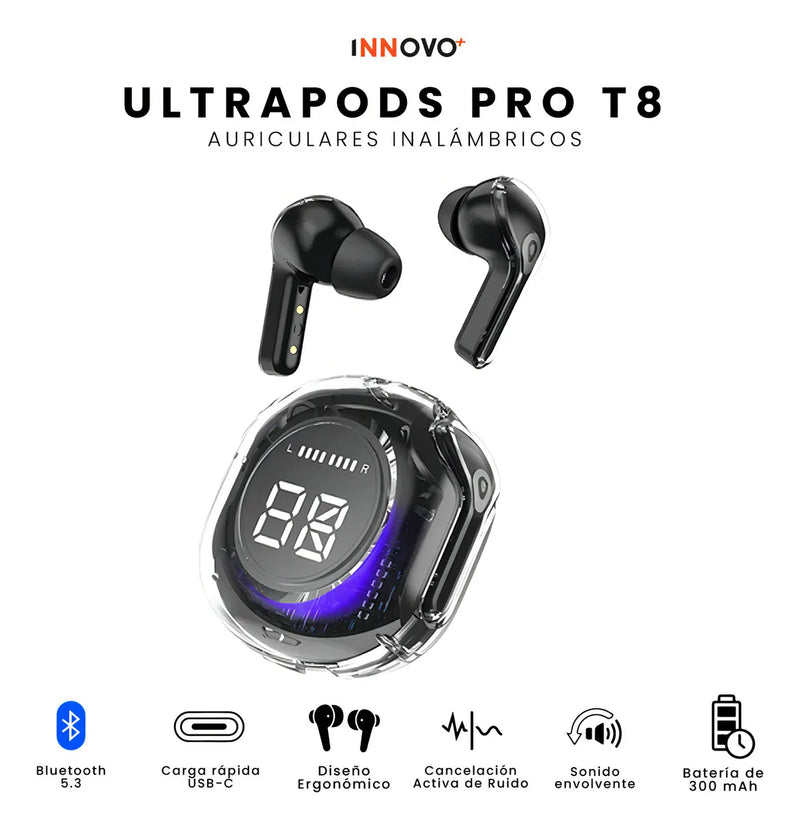 Audífonos Innovo PodsPRO Bluetooth Inalámbricos Negro con Micrófono y Luz LED