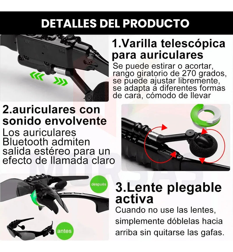 Gafas De Sol Audífonos Mp3 Bluetooth Reducción Ruido Negro