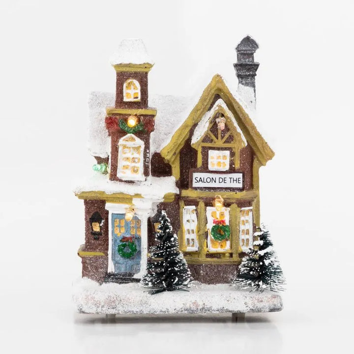 Villa Navideña De 12 X 9 Cm Con Arboles Y Luz Led