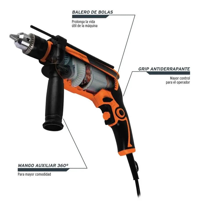 Taladro Percutor 1/2'' 750 W 3100 Rpm Truper 14658 Naranja