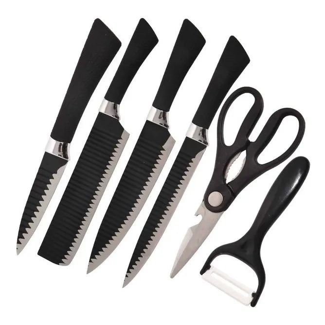 Juego Kit Set Cuchillos Todo En Uno 6 Piezas Profesionales Negro
