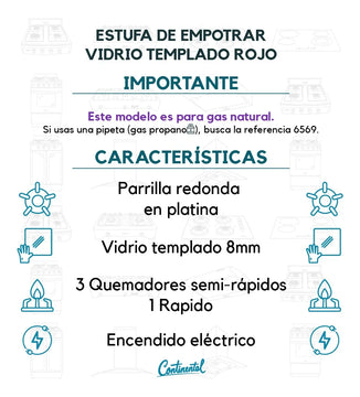 Estufa De Empotrar Vidrio Templado 62x52cm Gas Natural 6545 Rojo