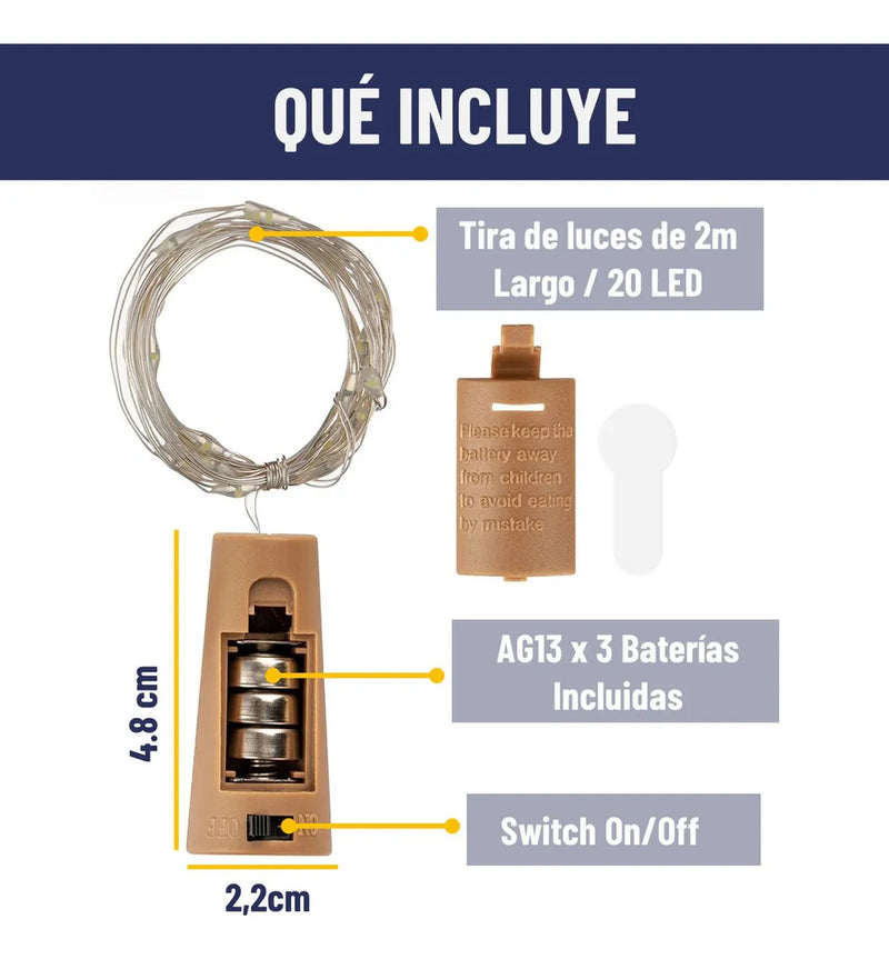 Luces Led Guirnalda Con Corcho Botella Hada X10 Unidades Calida