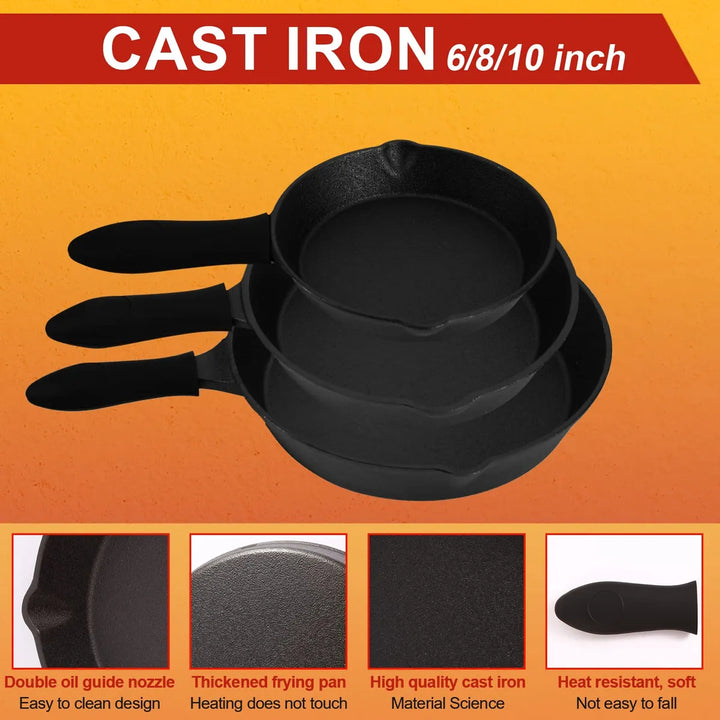 Juego De Sartenes De Hierro Fundido Presazonado De 3 Piezas