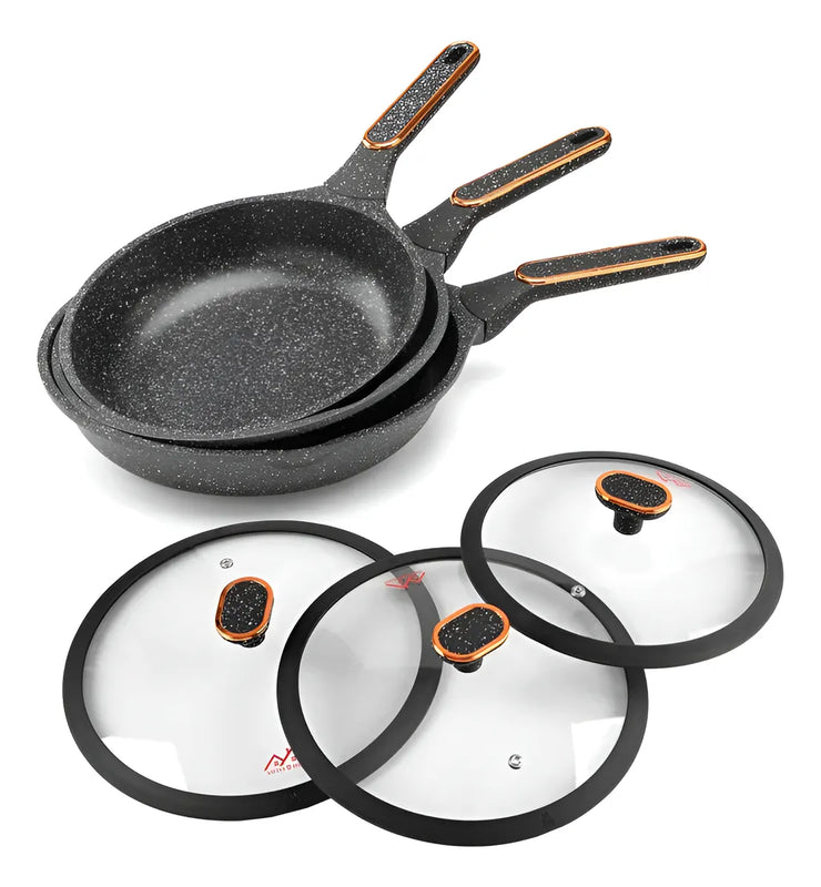 Set X3 Sarten Mármol Antiadherente Swiss Home 20, 22, 24 Cm Negro
