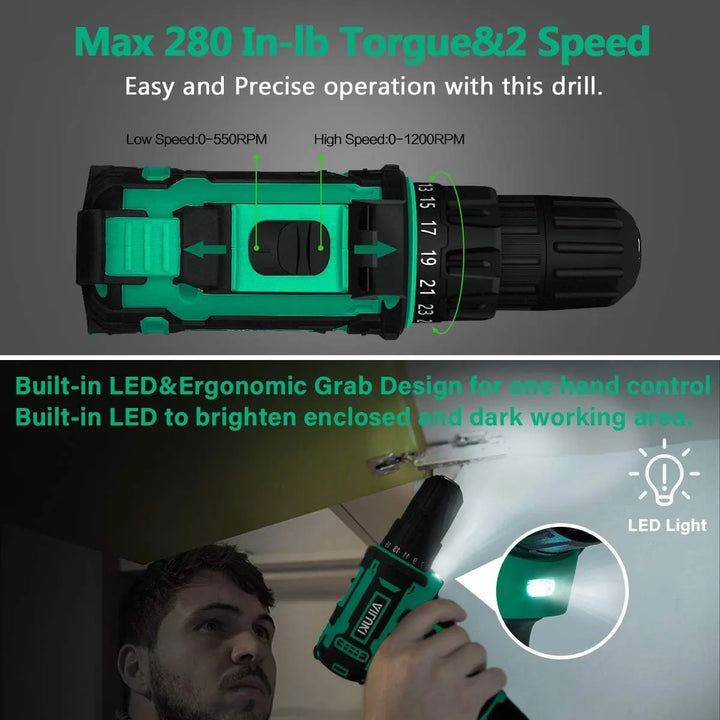 Kit De Taladro Inalámbrico, 67piezas, Batería De Litio Verde Musgo