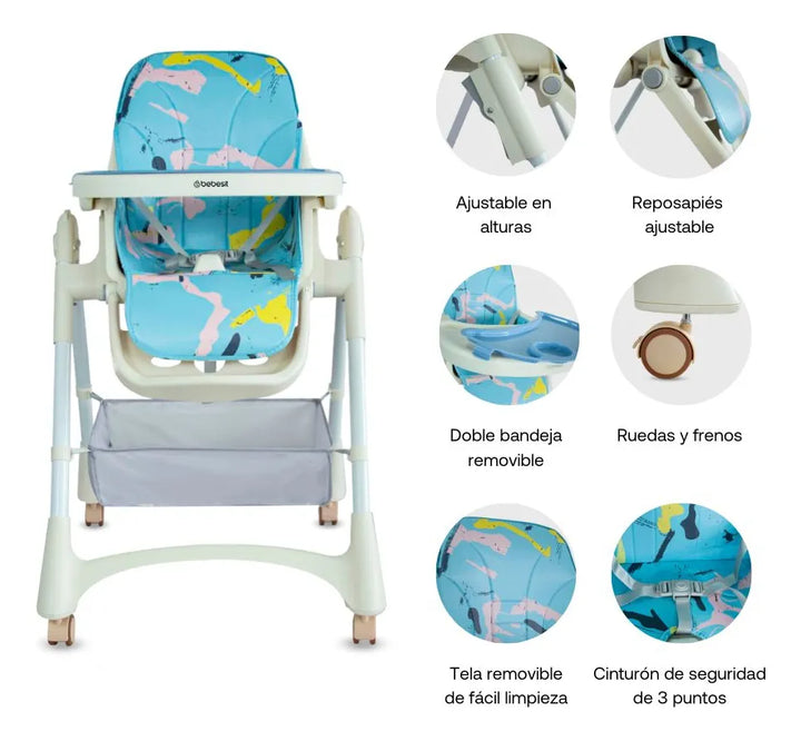 Silla Comedor Bebé colchada Ajustable En Altura 6 Posiciones Portatil ABebesit Aquarella