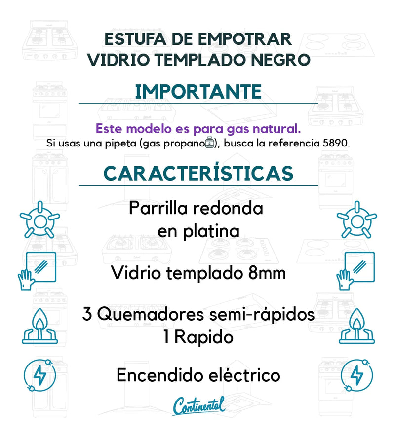 Estufa Continental Empotrar 4 Puestos Vidrio Templado 60×51 cm Gas Natural Modelo 5883