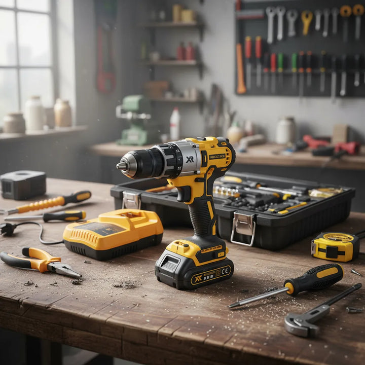 Taladro Inalámbrico 21v Atornillador Percutor 2 Baterias Amarillo 50/60