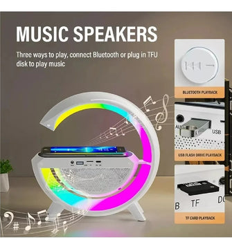 Parlante Lámpara G Cargador Inalámbrico Rgb Reloj Bt Segun Disponibilidad