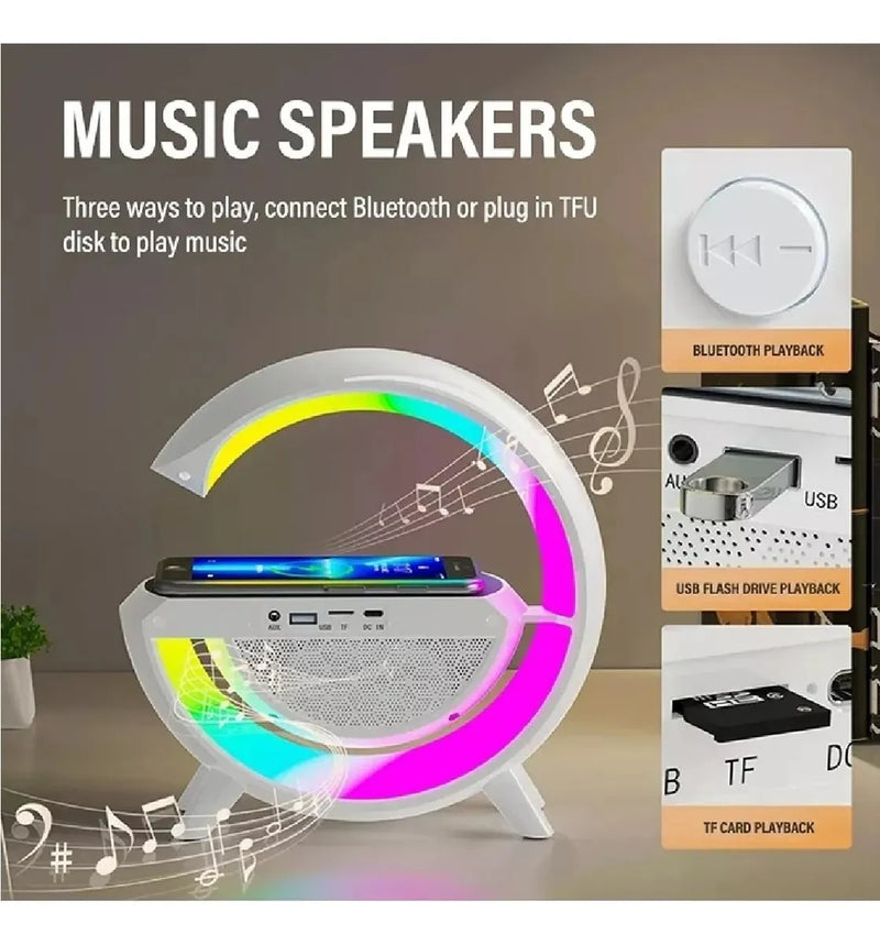 Parlante Lámpara G Cargador Inalámbrico Rgb Reloj Bt Segun Disponibilidad