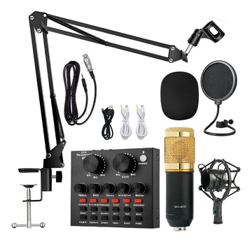Kit Micrófono Profesional De Condensador + Tarjeta Sonido V8 Negro