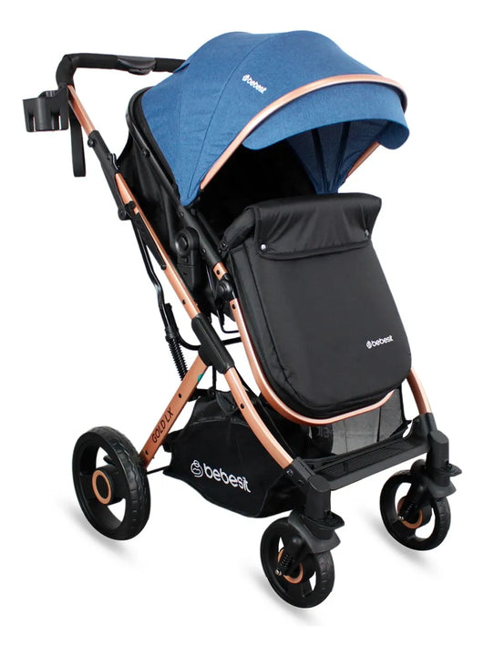 Coche Bebé Reclinable Moises Bebesit Gold Lx, Plegable Azul Chasis Dorado