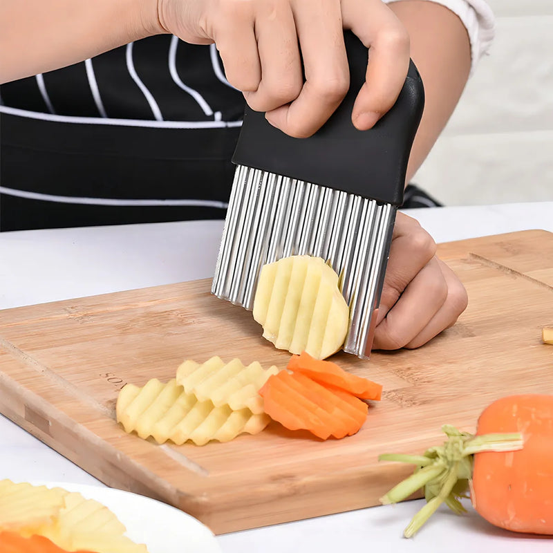 Cortador Papa Rizada Ondulada Verduras Fruta Acero Rebanador Gris Granito