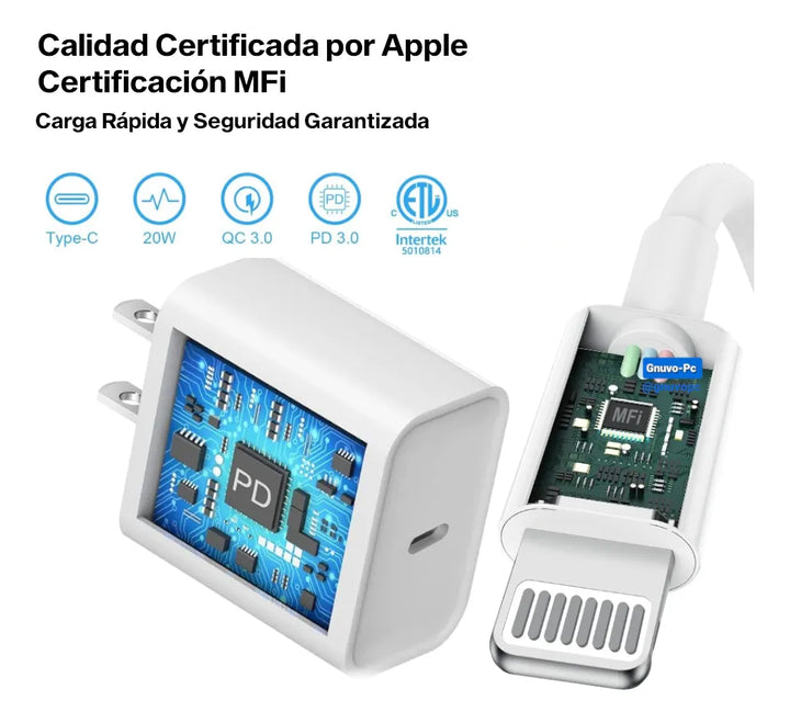 Cargador Rapido Certificado Mfi 20w 2 Metros Para Iphone 14 Blanco
