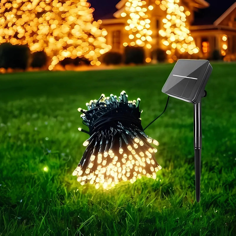 Luz Navideña Solar 100 Led 12mt Recargable Cálida Secuencias Cálido