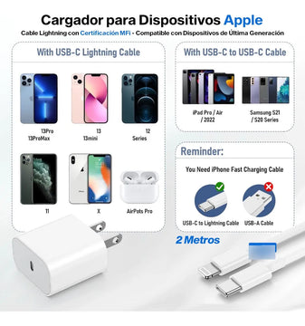 Cargador Certificado Para Iphone 2 Metros Carga Rapida 20 W Blanco