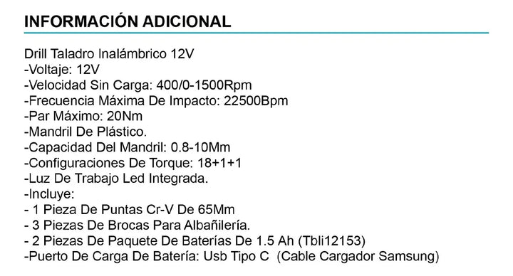 Taladro Percutor Inalambrico 12v 1500 Rpm Bateria Maletin Color Turquesa Frecuencia 50 60hz Total Tools Tidli12202 220v