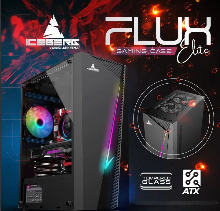 Caja Gabinete Gamer Iceberg Flux Elite Argb Vidrio Fan 120 Negro