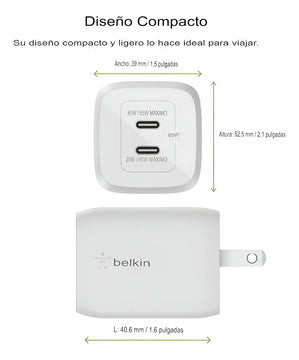Cargador Pared Dual Belkin Usbc 65w Color Blanco