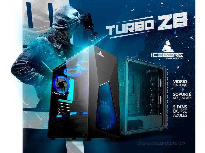 Gabinete Caja Iceberg Turbo Z8 + 5 Ventiladores 120mm Negro