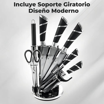 Juego de Cuchillos Profesionales Chef Master 807601 9 Piezas con Soporte Giratorio Acero Inoxidable
