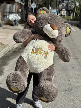 Oso De Peluche Gigante Metro Y Medio 1,55 + Moño + 3 Globos Gris Oscuro