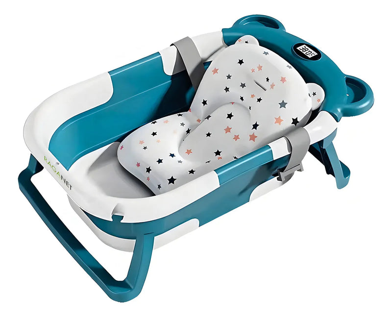 Bañera Tina Baño Bebe Plegable Portátil Con Cojín Termómetro Color Azul