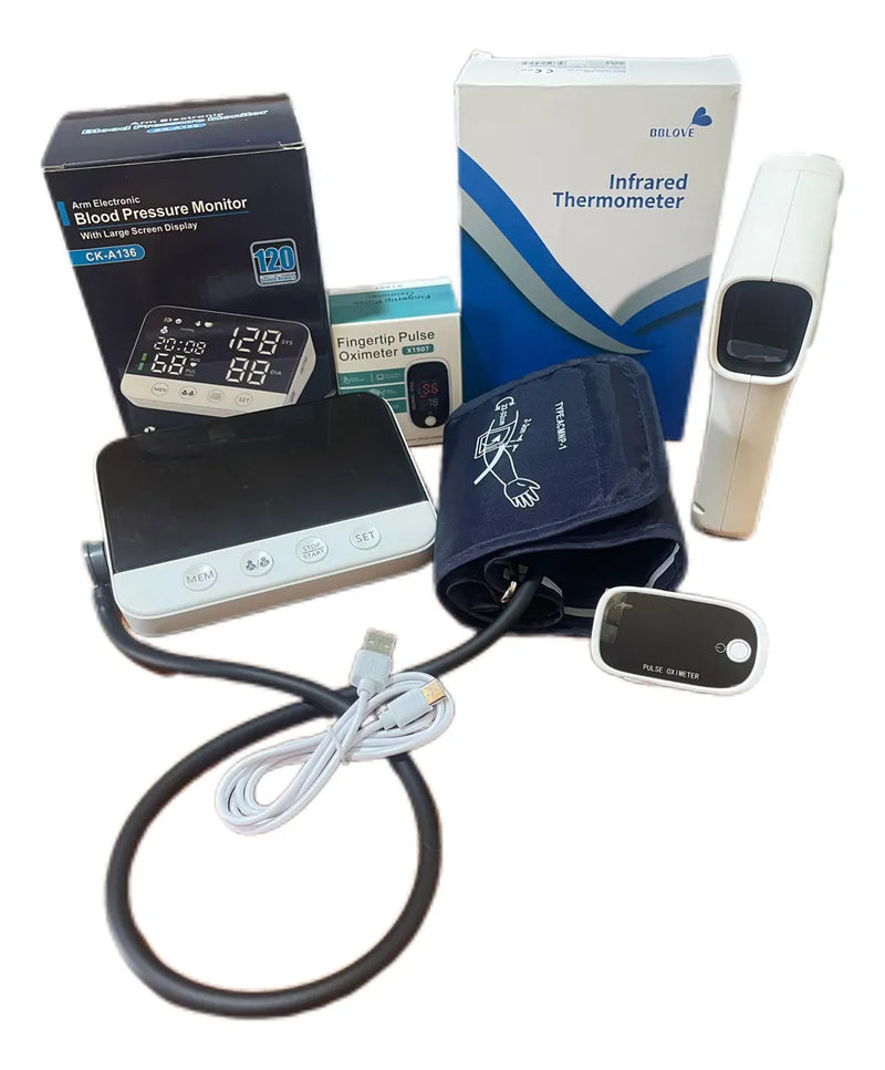 Kit De Salud Tensiómetro Recargable+termómetro+oximetro Blanco Con Negro