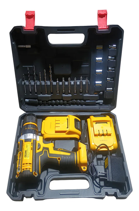 Taladro Atornillador Percutor Inalámbrico + Juego De Rache Amarillo